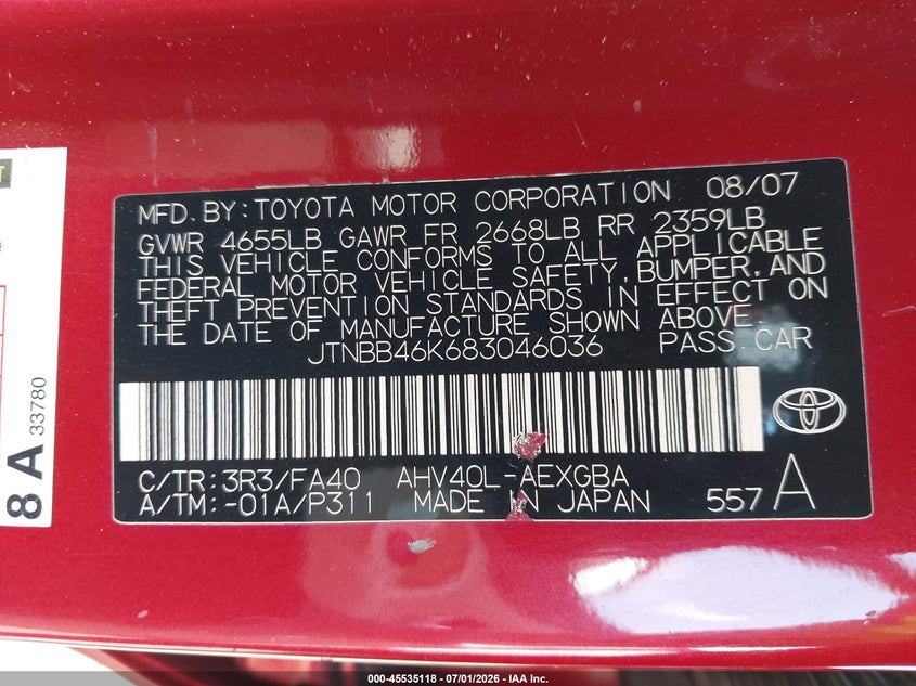 2008 Toyota Camry hybrid VIN JTNBB46K683046036 IAAI salvage auction — FRONT END, Salvage (California), sold $1,100 on 2026-07-20 (photo 9)