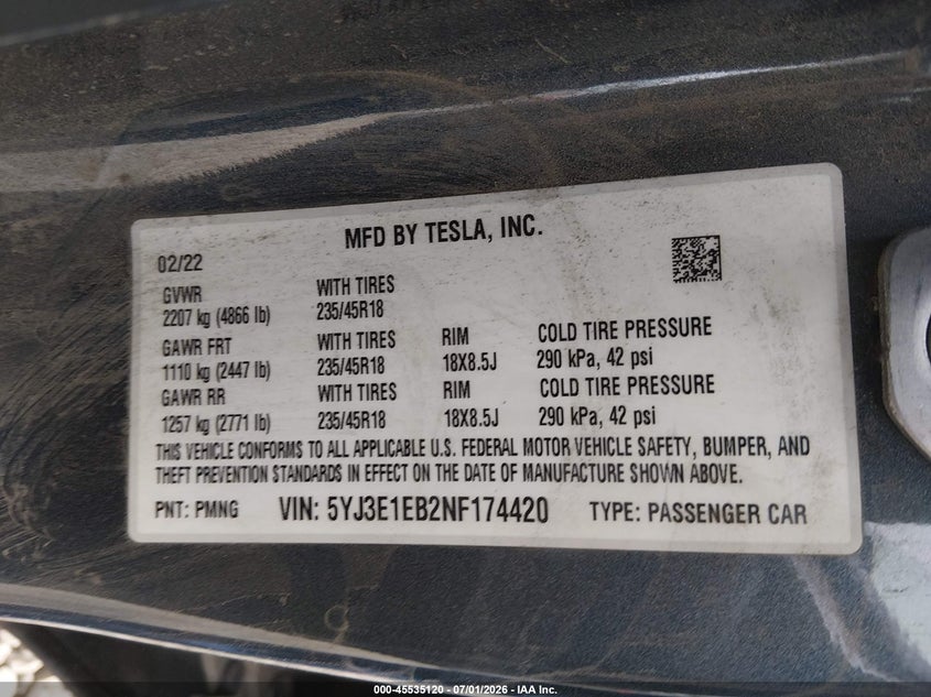 2022 Tesla Model 3 VIN 5YJ3E1EB2NF174420 IAAI salvage auction — UNDERCARRIAGE, Salvage Title, sold $10,500 on 2026-09-02 (photo 9)