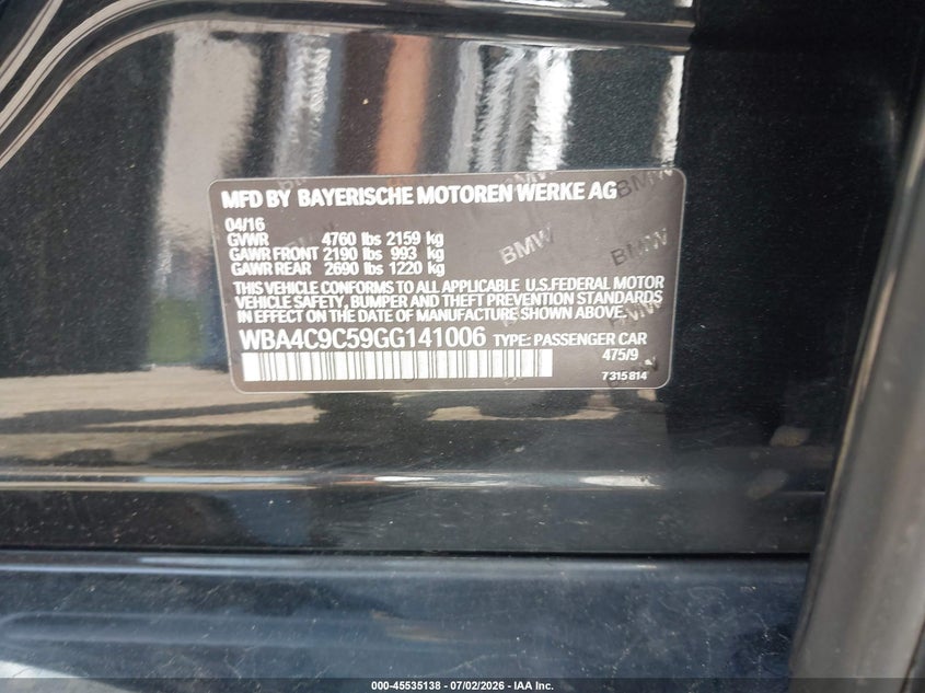 2016 BMW 4er VIN WBA4C9C59GG141006 IAAI salvage auction — FRONT END, Clear (Massachusetts), sold $775 on 2026-07-10 (photo 9)