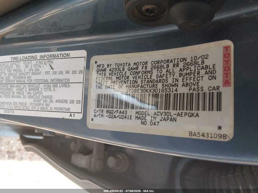 2003 Toyota Camry VIN JTDBE30KX30165314 IAAI salvage auction — NORMAL WEAR, Clear (Oklahoma), sold $100 on 2026-07-22 (photo 9)