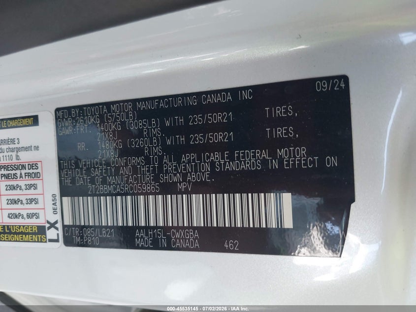 2024 Lexus Rx VIN 2T2BBMCA5RC059865 IAAI salvage auction — FRONT END, Salvage (Arizona), sold $22,050 on 2026-09-08 (photo 9)