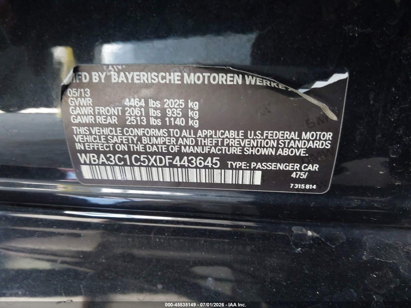 2013 BMW 3er VIN WBA3C1C5XDF443645 IAAI salvage auction — LEFT FRONT, Salvage Title, sold $1,950 on 2026-08-13 (photo 9)
