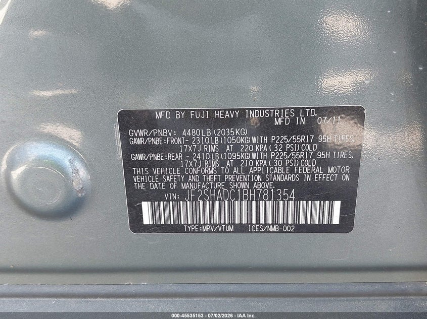 2011 Subaru Forester VIN JF2SHADC1BH781354 IAAI salvage auction — NORMAL WEAR, Clear (North Carolina), sold $300 on 2026-07-21 (photo 9)