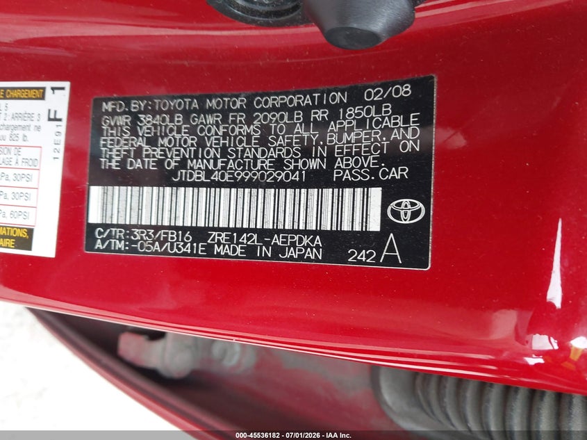 2009 Toyota Corolla VIN JTDBL40E999029041 IAAI salvage auction — FRONT END, Clear (Washington), sold $825 on 2026-07-29 (photo 9)