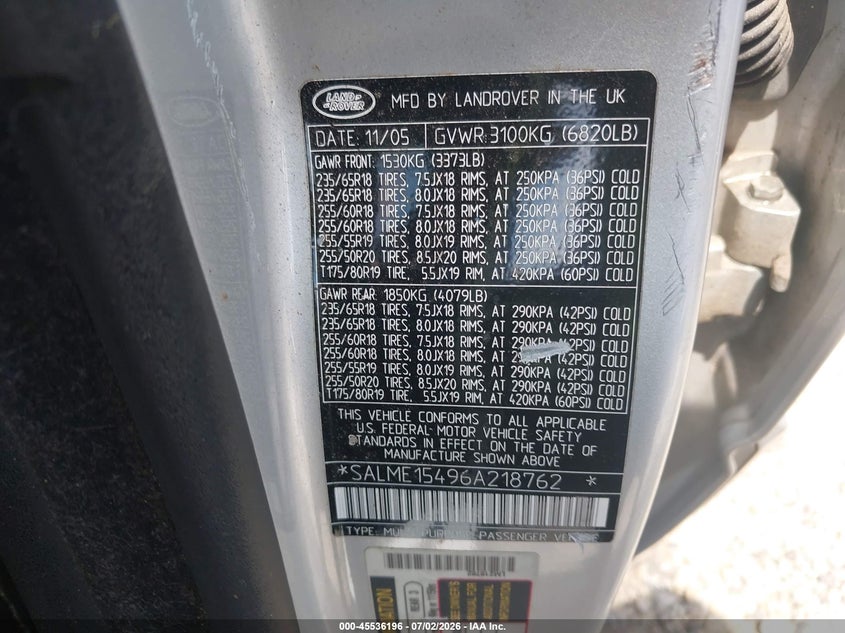 2006 Land rover RANGE ROVER VIN SALME15496A218762 IAAI salvage auction — NORMAL WEAR, Repossession Paperwork (Georgia), sold $425 on 2026-07-23 (photo 9)