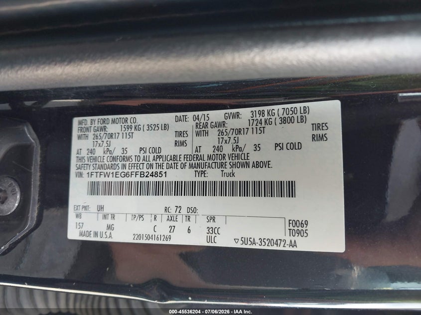 2015 Ford F-150 VIN 1FTFW1EG6FFB24851 IAAI salvage auction — NORMAL WEAR, Clear-Dealer Only (Oregon), sold $1,050 on 2026-07-09 (photo 9)