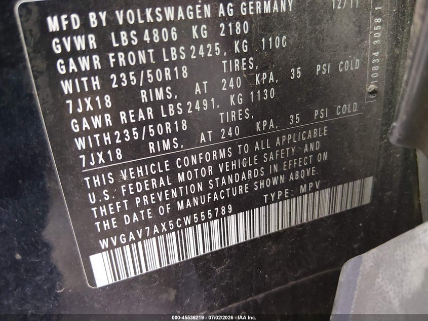 2012 Volkswagen Tiguan VIN WVGAV7AX5CW555789 IAAI salvage auction — NORMAL WEAR, Original (Texas), sold $425 on 2026-07-29 (photo 9)