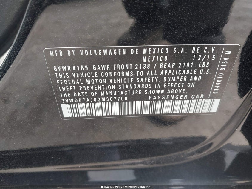 2016 Volkswagen Jetta VIN 3VWD67AJ0GM307706 IAAI salvage auction — LEFT FRONT, Salvage Title, sold $2,200 on 2026-08-15 (photo 9)