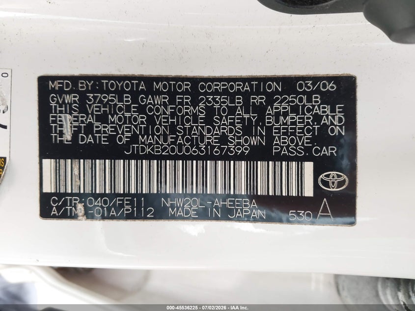 2006 Toyota Prius VIN JTDKB20U063167399 IAAI salvage auction — NORMAL WEAR, Clear (Washington), sold $1,000 on 2026-07-15 (photo 9)
