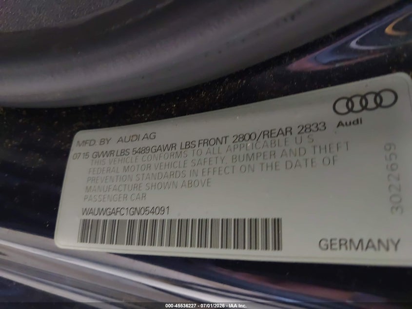 2016 Audi A7 VIN WAUWGAFC1GN054091 IAAI salvage auction — NORMAL WEAR, Repossession Paperwork (Georgia), sold $25 on 2026-07-29 (photo 9)