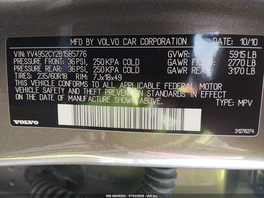 2011 Volvo Xc90 VIN YV4952CY2B1585776 IAAI salvage auction — NORMAL WEAR, Original (Texas), sold $625 on 2026-07-29 (photo 9)