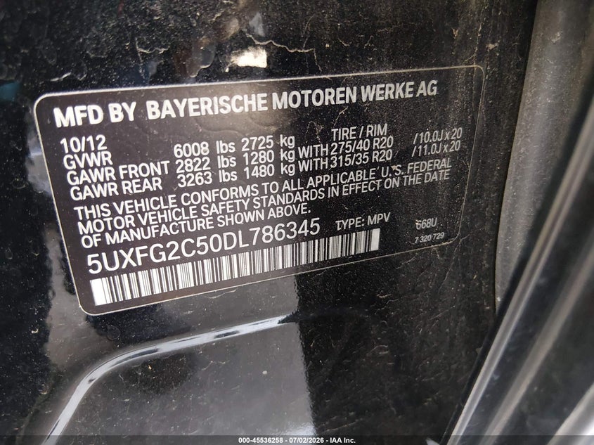 2013 BMW X6 VIN 5UXFG2C50DL786345 IAAI salvage auction — NORMAL WEAR, Original (Texas), sold $25 on 2026-07-29 (photo 9)