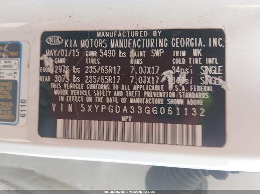 2016 Kia Sorento VIN 5XYPGDA33GG061132 IAAI salvage auction — NORMAL WEAR, Clear (Alabama), sold $500 on 2026-07-28 (photo 9)