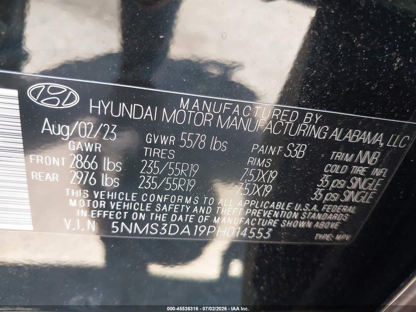 2023 Hyundai Santa fe hybrid VIN 5NMS3DA19PH014553 IAAI salvage auction — FRONT END, Clear (New York), sold $13,250 on 2026-07-13 (photo 9)