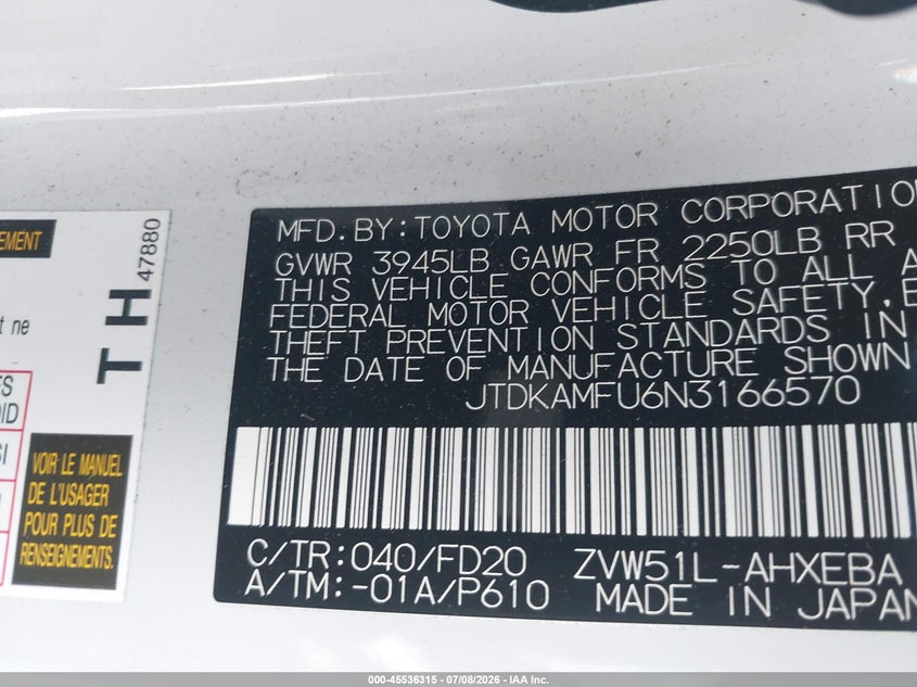 2022 Toyota Prius VIN JTDKAMFU6N3166570 IAAI salvage auction — FRONT END, Clear (California), sold $15,300 on 2026-07-20 (photo 9)
