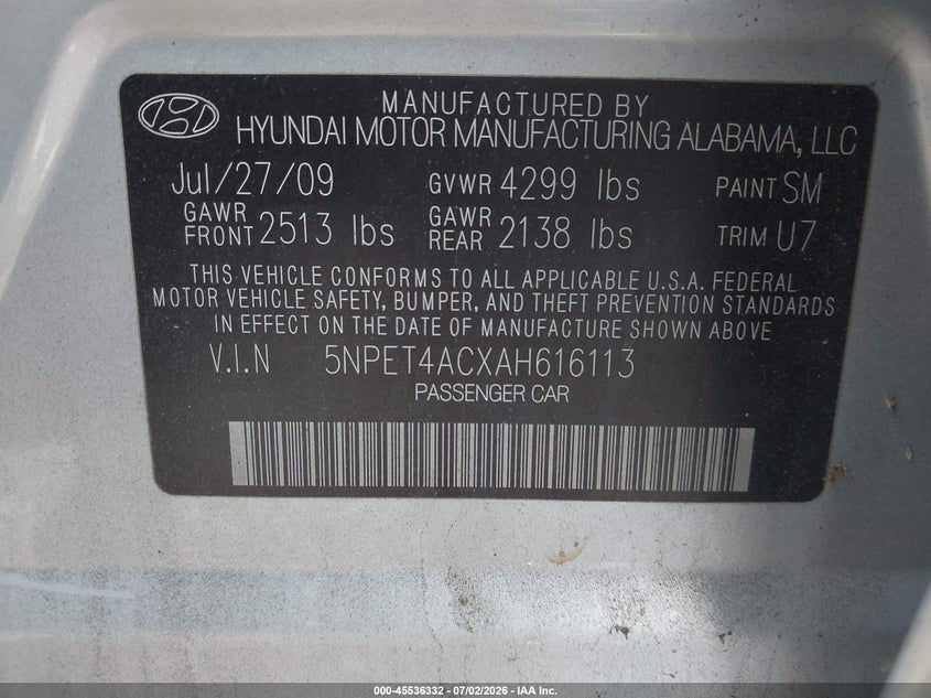 2010 Hyundai Sonata VIN 5NPET4ACXAH616113 IAAI salvage auction — REAR END, Salvage (Pennsylvania), sold $325 on 2026-07-17 (photo 9)