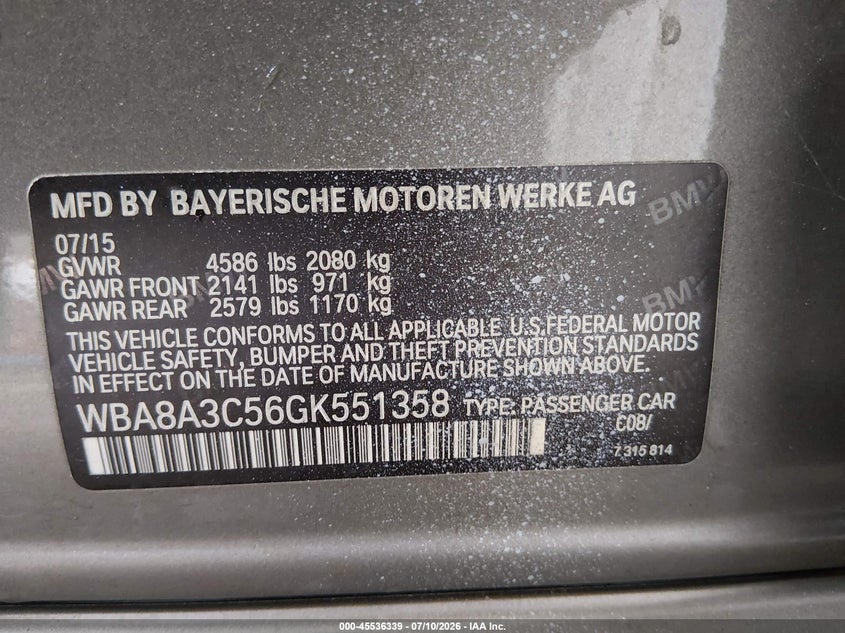 2016 BMW 3 series VIN WBA8A3C56GK551358 IAAI salvage auction — NORMAL WEAR, Clear (Delaware), sold $225 on 2026-07-30 (photo 9)