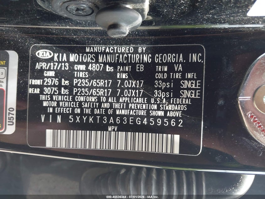 2014 Kia Sorento VIN 5XYKT3A63EG459562 IAAI salvage auction — FRONT END, Salvage (Pennsylvania), sold $1,200 on 2026-07-21 (photo 9)