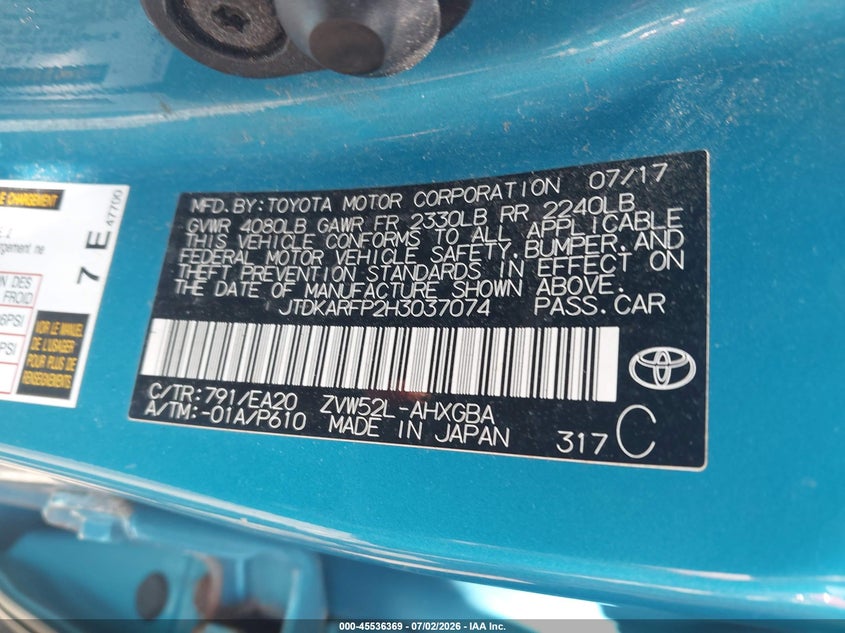 2017 Toyota Prius VIN JTDKARFP2H3037074 IAAI salvage auction — NORMAL WEAR, Clear (New York), sold $3,850 on 2026-07-08 (photo 9)