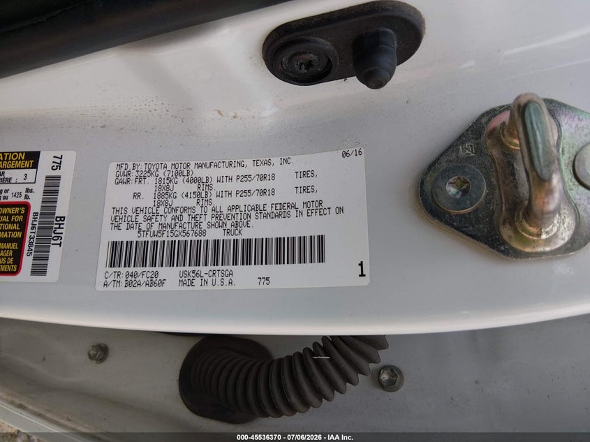 2016 Toyota Tundra VIN 5TFUW5F15GX567688 IAAI salvage auction — SIDE, Salvage - Greater Than 75% (Maryland), sold $7,200 on 2026-07-23 (photo 9)