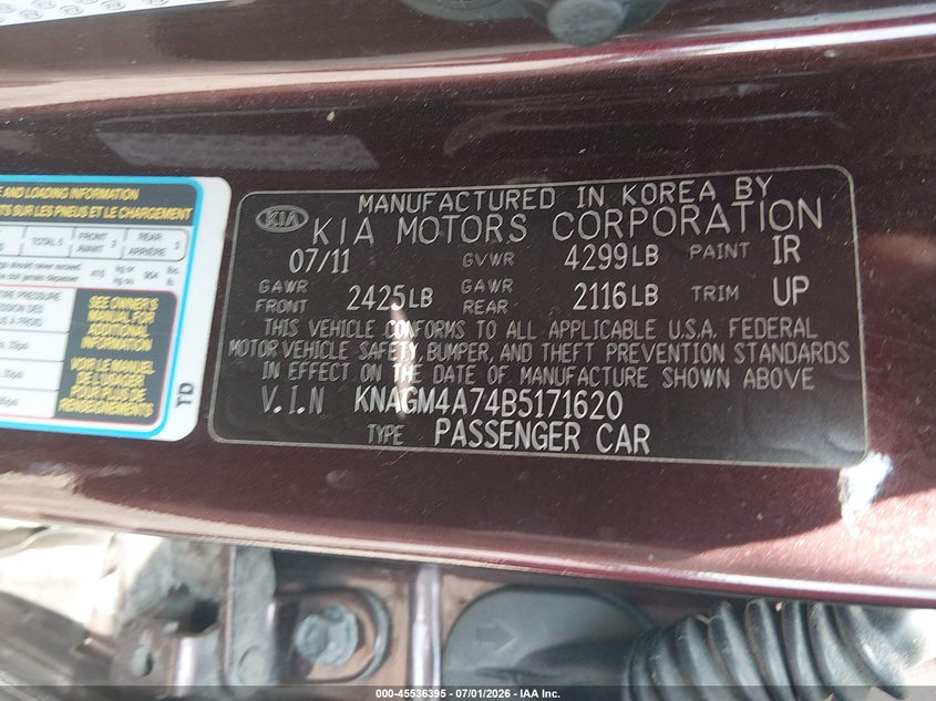 2011 Kia Optima VIN KNAGM4A74B5171620 IAAI salvage auction — LEFT REAR, Salvage (Pennsylvania), sold $700 on 2026-07-29 (photo 9)
