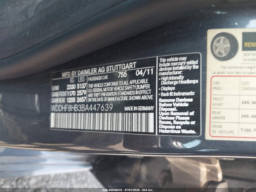 2011 Mercedes-benz E-class VIN WDDHF8HB3BA447639 IAAI salvage auction — NORMAL WEAR, Clear (New Jersey), sold $1,350 on 2026-07-13 (photo 9)