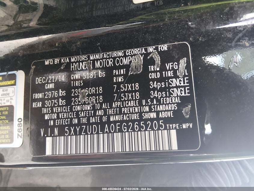 2015 Hyundai Santa fe VIN 5XYZUDLA0FG265205 IAAI salvage auction — FRONT END, Salvage Title, sold $25 on 2026-08-02 (photo 9)