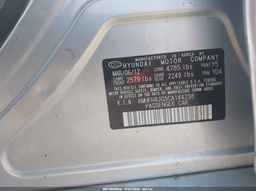 2012 Hyundai Azera VIN KMHFH4JG5CA144238 IAAI salvage auction — NORMAL WEAR, Clear (New Jersey), sold $1,400 on 2026-07-06 (photo 9)