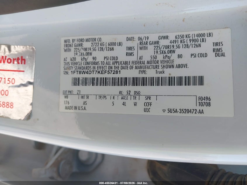 2019 Ford F450 VIN 1FT8W4DT7KEF57281 IAAI salvage auction — NORMAL WEAR, Salvage Title, sold $21,000 on 2026-07-14 (photo 5)