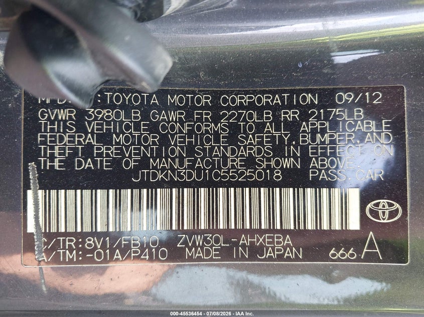2012 Toyota Prius VIN JTDKN3DU1C5525018 IAAI salvage auction — FRONT END, Salvage Title, sold $800 on 2026-07-30 (photo 9)
