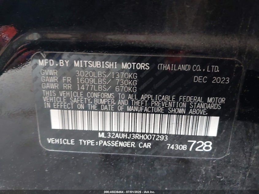 2024 Mitsubishi Mirage VIN ML32AUHJ3RH007293 IAAI salvage auction — FRONT END, Salvage (Florida), sold $3,800 on 2026-07-30 (photo 9)