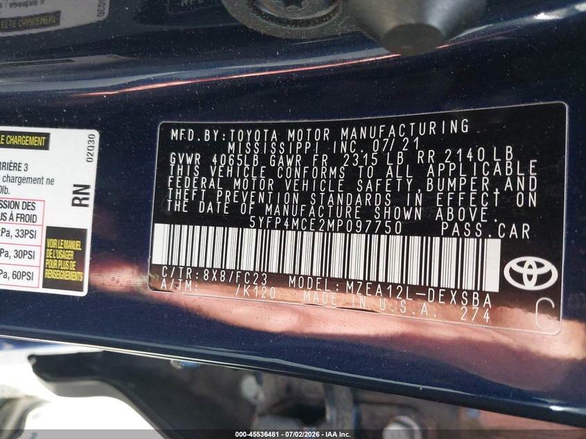 2021 Toyota Corolla VIN 5YFP4MCE2MP097750 IAAI salvage auction — RIGHT SIDE, Salvage (Connecticut), sold $4,050 on 2026-07-30 (photo 9)