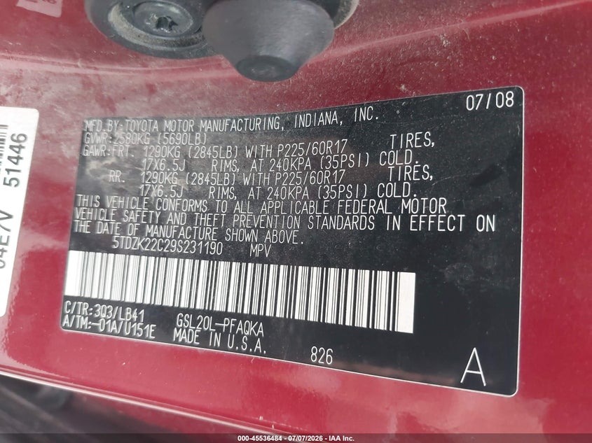 2009 Toyota Sienna VIN 5TDZK22C29S231190 IAAI salvage auction — NORMAL WEAR, Clear (Virginia), sold $825 on 2026-07-21 (photo 9)