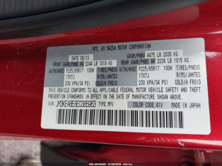 2014 Mazda Cx-5 VIN JM3KE4BE8E0385963 IAAI salvage auction — NORMAL WEAR, Clear (New York), sold $1,350 on 2026-07-29 (photo 9)