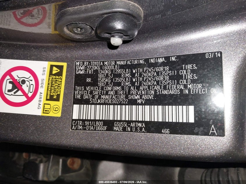 2014 Toyota Highlander VIN 5TDJKRFH3ES027522 IAAI salvage auction — SIDE, Salvage (Pennsylvania), sold $6,600 on 2026-07-10 (photo 9)