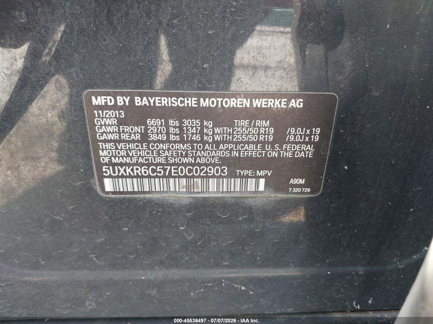 2014 BMW X5 VIN 5UXKR6C57E0C02903 IAAI salvage auction — NORMAL WEAR, Clear (Indiana), sold $25 on 2026-07-14 (photo 9)