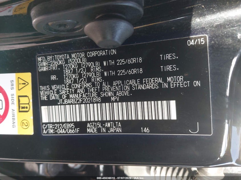 2015 Lexus Nx VIN JTJBARBZ2F2021898 IAAI salvage auction — SIDE, Rebuildable (Florida), sold $5,000 on 2026-07-17 (photo 9)