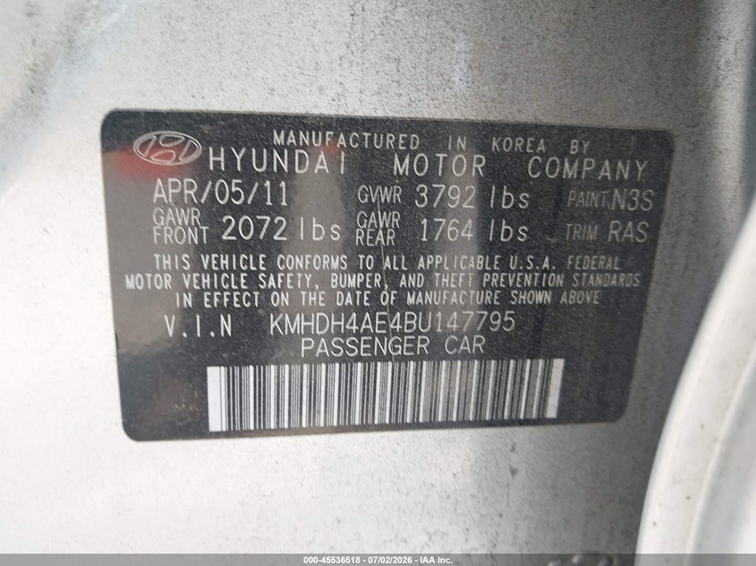 2011 Hyundai Elantra VIN KMHDH4AE4BU147795 IAAI salvage auction — REAR END, Salvage (Georgia), sold $550 on 2026-07-23 (photo 9)