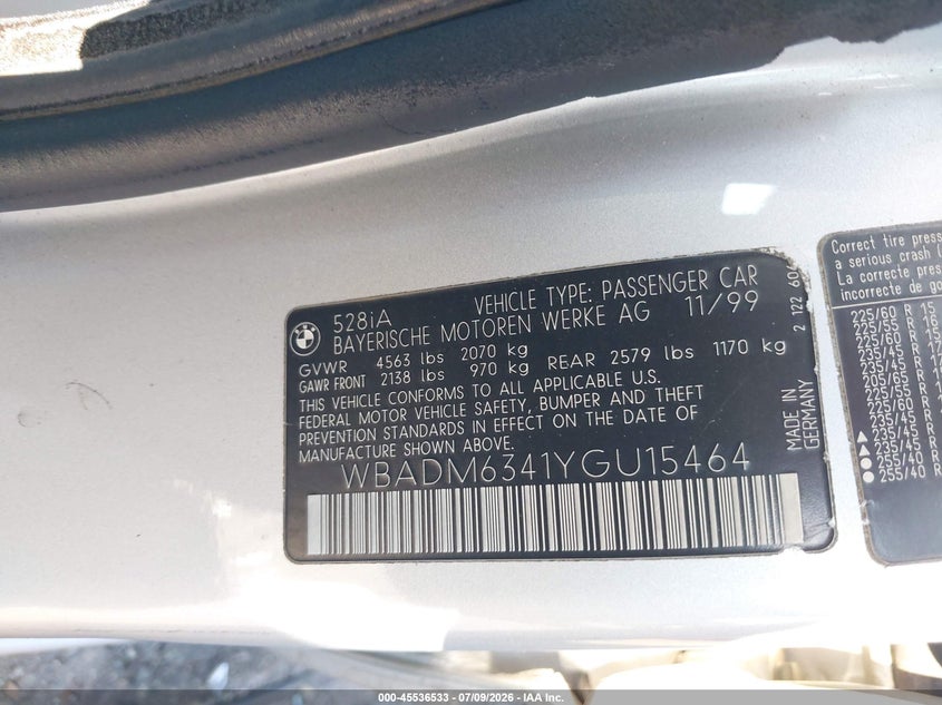 2000 BMW 5 series VIN WBADM6341YGU15464 IAAI salvage auction — REAR END, Salvage (Georgia), sold $325 on 2026-08-19 (photo 9)