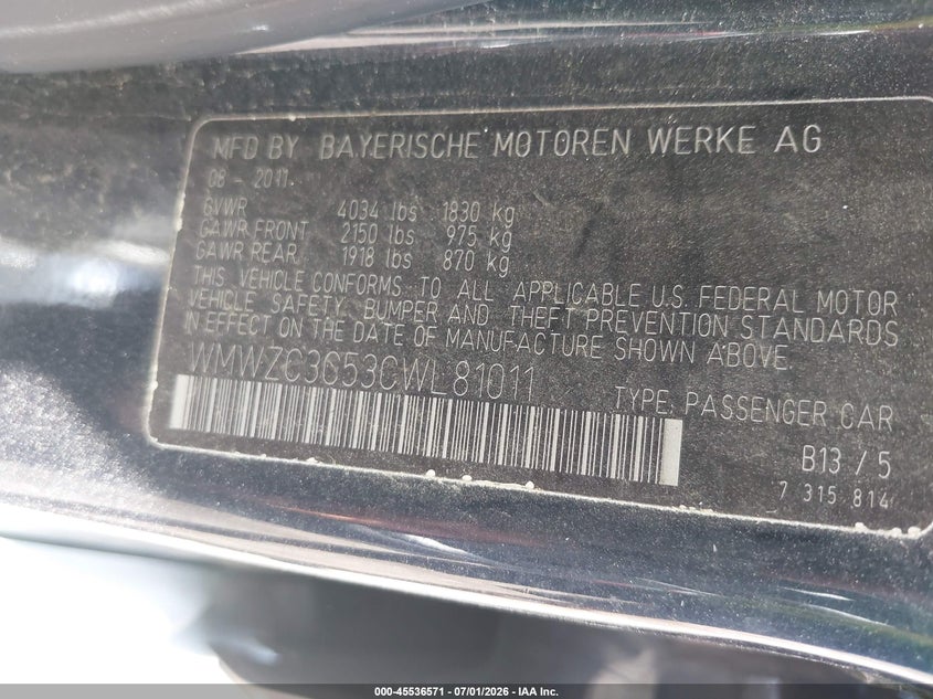 2012 Mini Cooper VIN WMWZC3C53CWL81011 IAAI salvage auction — NORMAL WEAR, Original (Ohio), sold $275 on 2026-07-23 (photo 9)