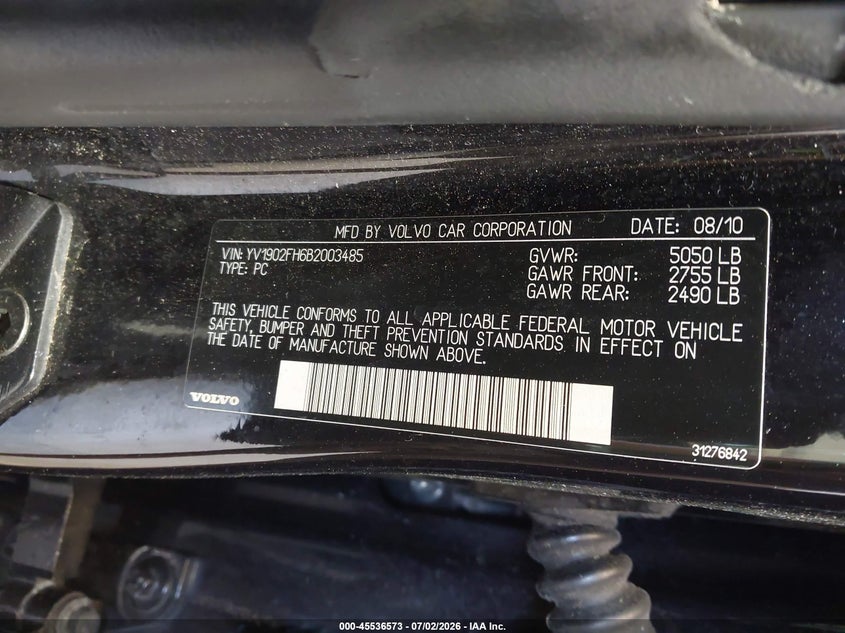 2011 Volvo S60 VIN YV1902FH6B2003485 IAAI salvage auction — LEFT REAR, Salvage (North Carolina), sold $500 on 2026-07-19 (photo 9)