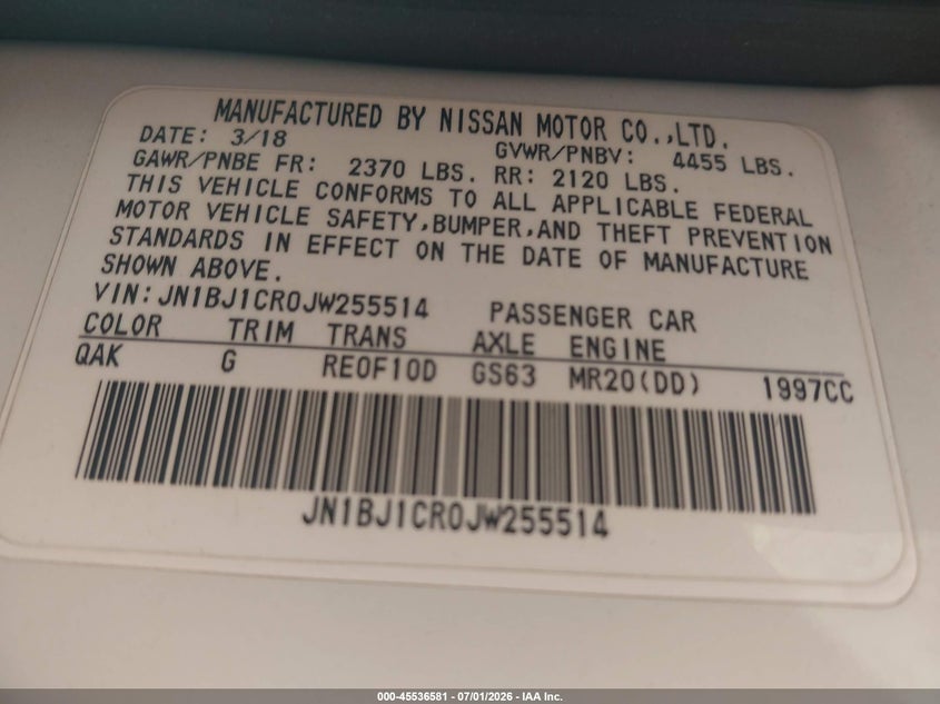 2018 Nissan Rogue sport VIN JN1BJ1CR0JW255514 IAAI salvage auction — NORMAL WEAR, Clear (Massachusetts), sold $2,050 on 2026-07-24 (photo 9)