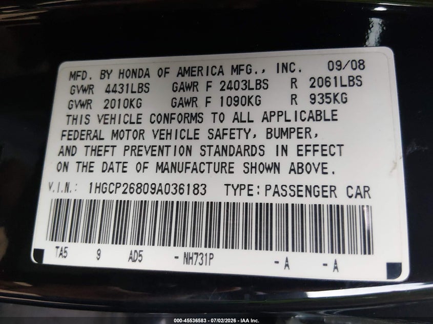 2009 Honda Accord VIN 1HGCP26809A036183 IAAI salvage auction — SIDE, Salvage - Greater Than 75% (Maryland), sold $600 on 2026-07-11 (photo 9)