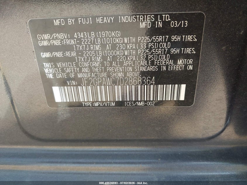 2013 Subaru Xv VIN JF2GPAWC7D2868364 IAAI salvage auction — SIDE, Salvage (North Carolina), sold $800 on 2026-07-21 (photo 9)