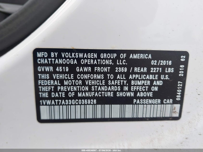 2016 Volkswagen Passat VIN 1VWAT7A33GC035926 IAAI salvage auction — FRONT END, Salvage (Pennsylvania), sold $625 on 2026-07-26 (photo 9)