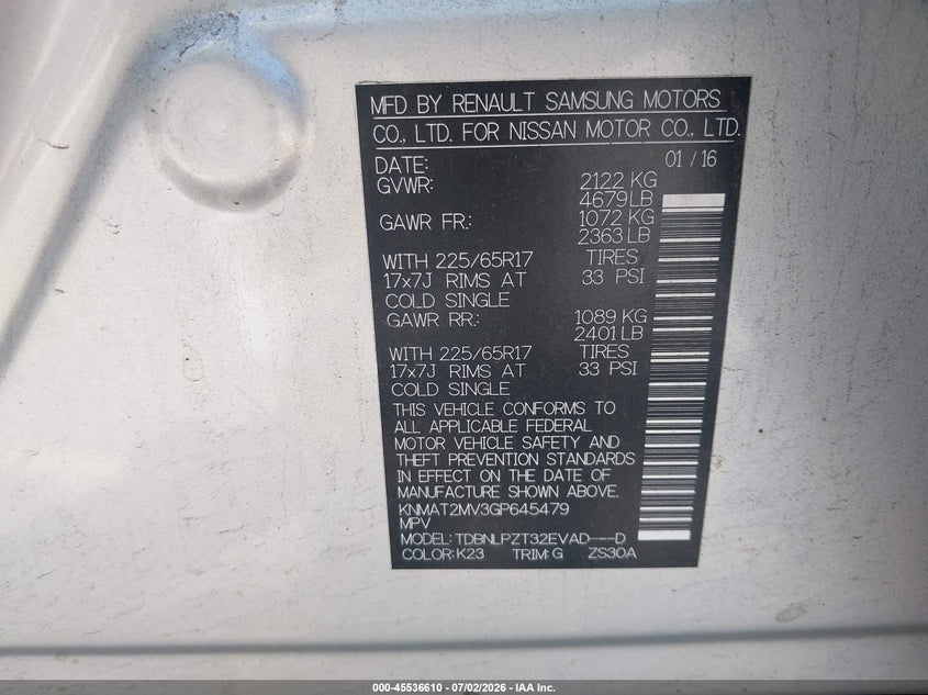 2016 Nissan Rogue sport VIN KNMAT2MV3GP645479 IAAI salvage auction — NORMAL WEAR, Clear (Connecticut), sold $1,525 on 2026-07-22 (photo 9)