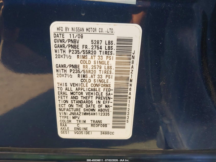 2010 Nissan Murano VIN JN8AZ1MW6AW112335 IAAI salvage auction — FRONT END, Salvage (Idaho), sold $25 on 2026-07-22 (photo 9)