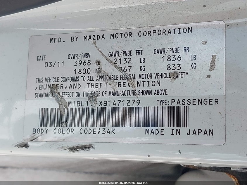 2011 Mazda 3 VIN JM1BL1VFXB1471279 IAAI salvage auction — NORMAL WEAR, Salvage (Florida), sold $375 on 2026-07-30 (photo 9)
