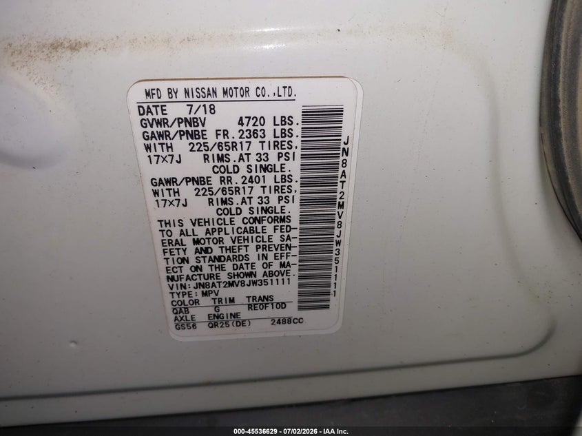 2018 Nissan Rogue VIN JN8AT2MV8JW351111 IAAI salvage auction — LEFT FRONT, Salvage (Pennsylvania), sold $3,050 on 2026-07-10 (photo 9)
