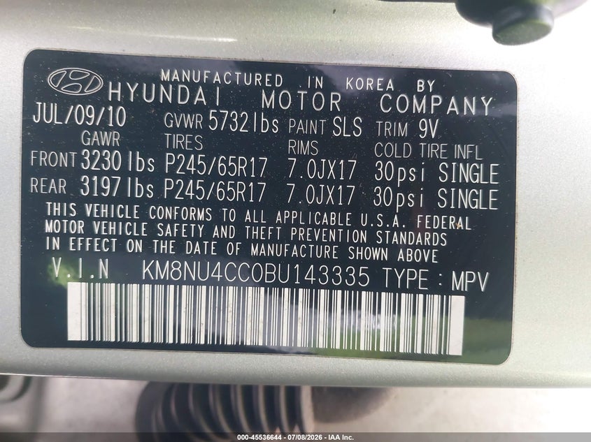 2011 Hyundai Veracruz VIN KM8NU4CC0BU143335 IAAI salvage auction — LEFT SIDE, Salvage (Idaho), sold $325 on 2026-07-29 (photo 9)